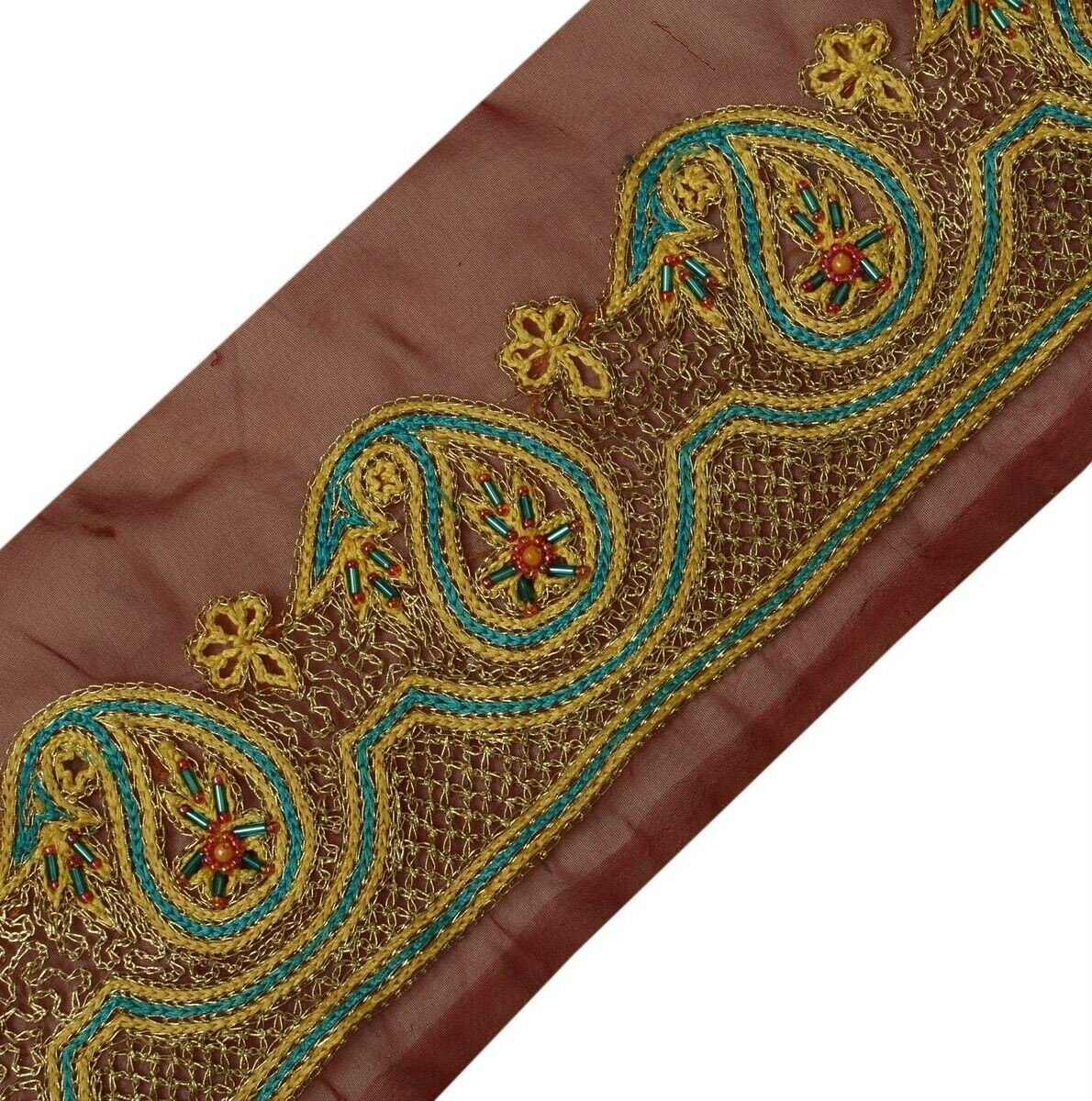 Vintage Sari Border Indian Craft Trim Embroidered Beaded Maroon Ribbon Lace