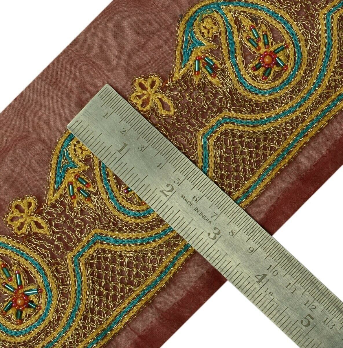 Vintage Sari Border Indian Craft Trim Embroidered Beaded Maroon Ribbon Lace