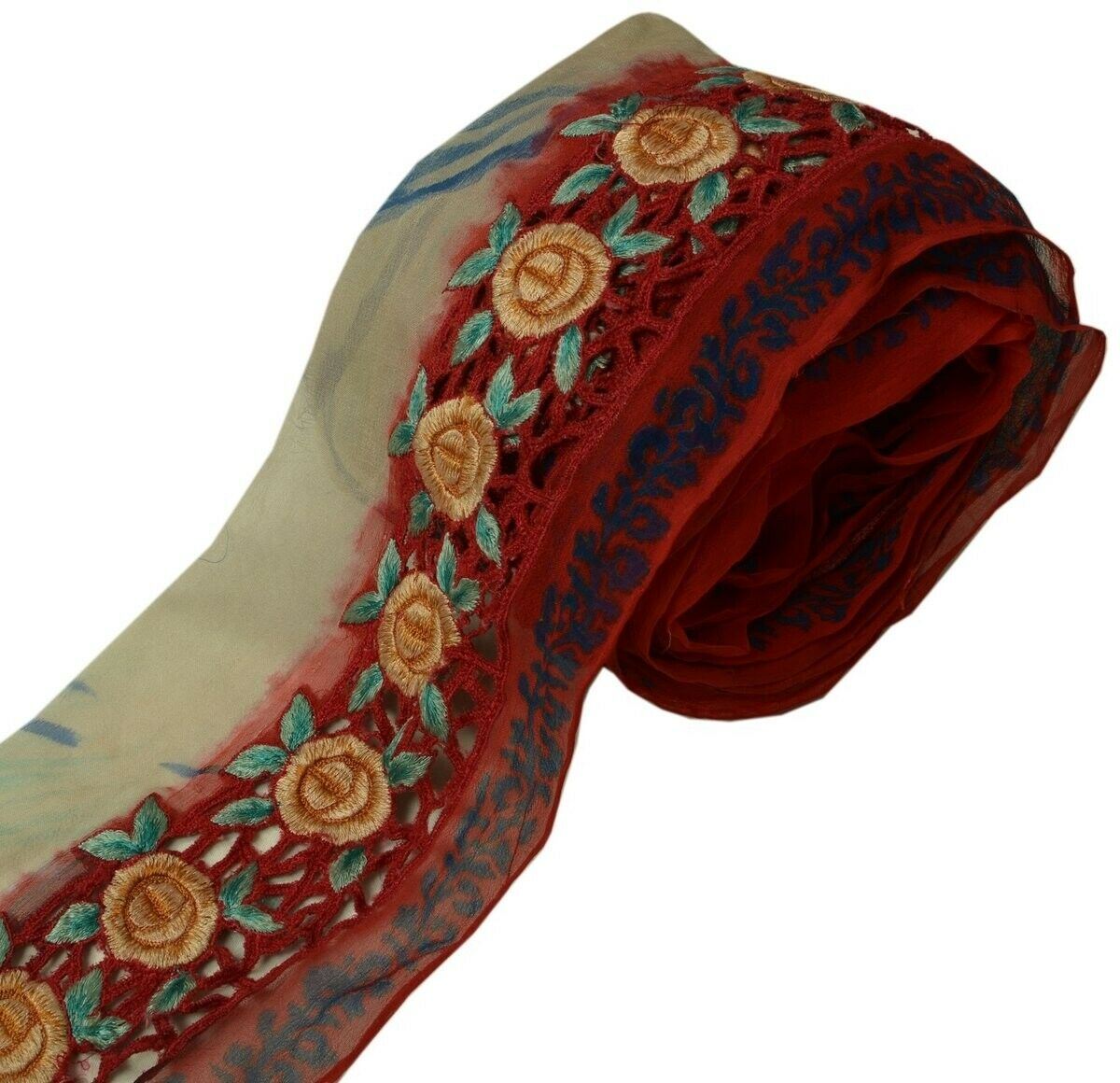 Vintage Sari Border Indian Craft Trim Embroidered Cut Work Red Ribbon Lace