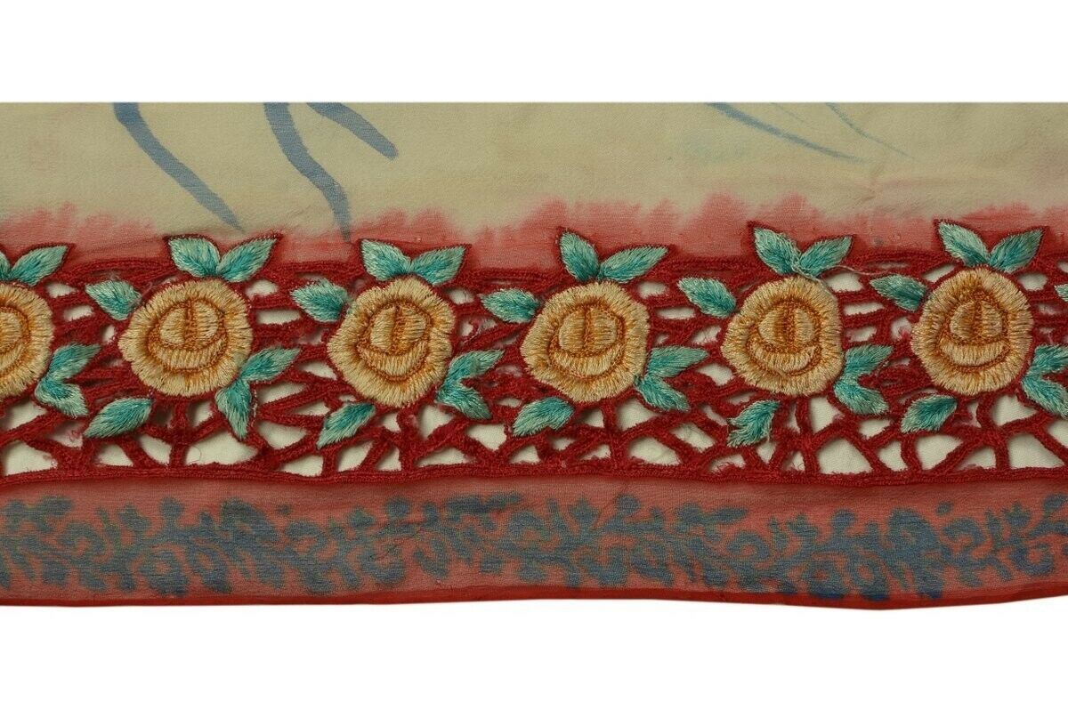 Vintage Sari Border Indian Craft Trim Embroidered Cut Work Red Ribbon Lace