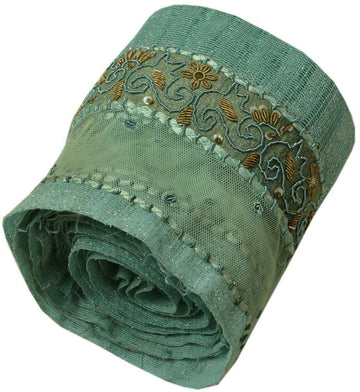 Vintage Sari Border Indian Craft Trim Hand Beaded Zardozi Green Ribbon Lace
