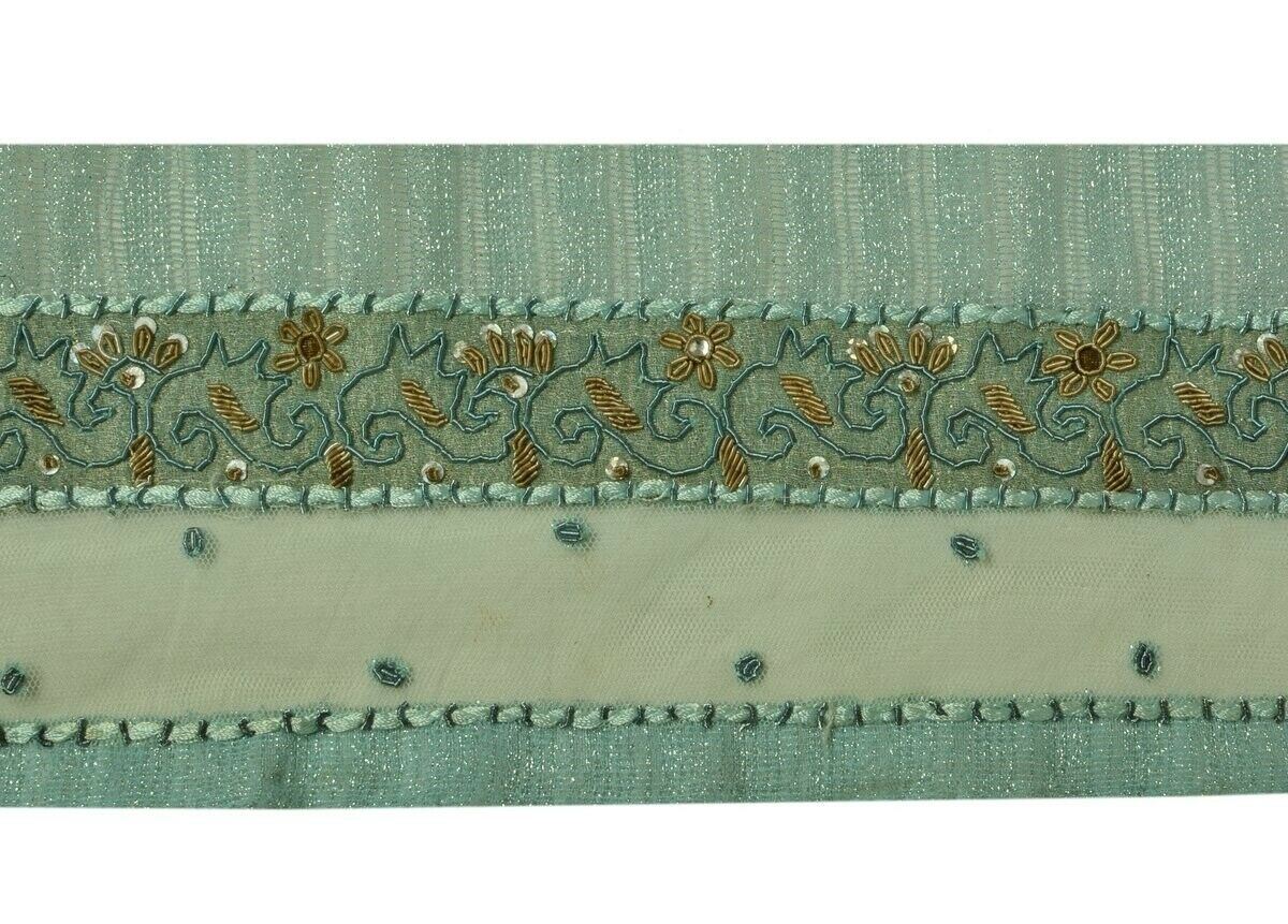 Vintage Sari Border Indian Craft Trim Hand Beaded Zardozi Green Ribbon Lace