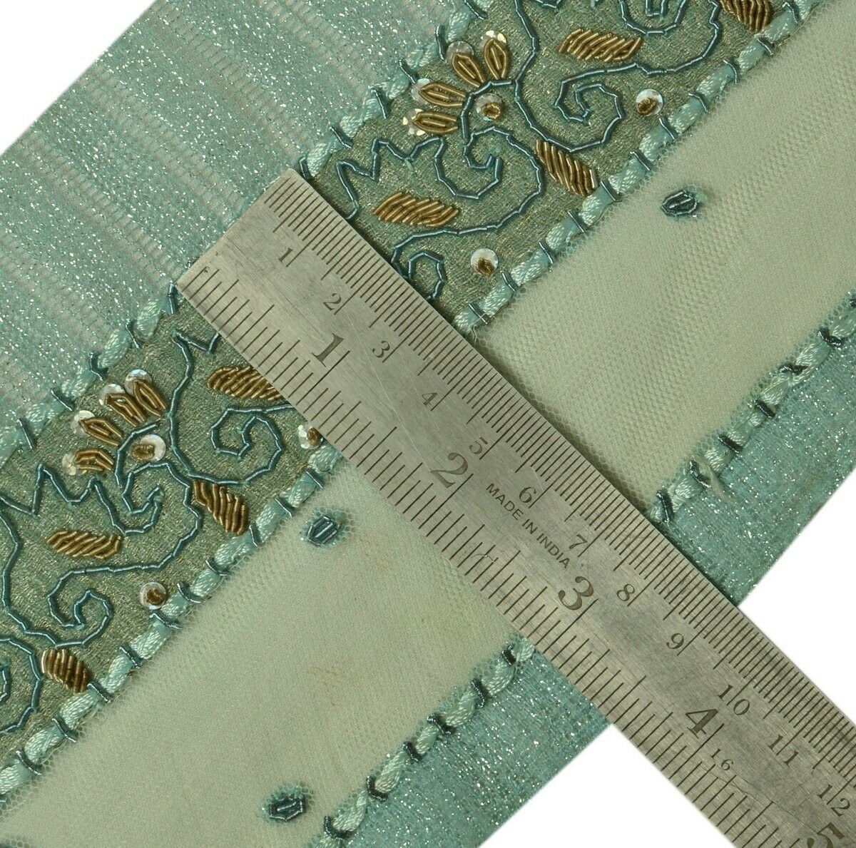 Vintage Sari Border Indian Craft Trim Hand Beaded Zardozi Green Ribbon Lace