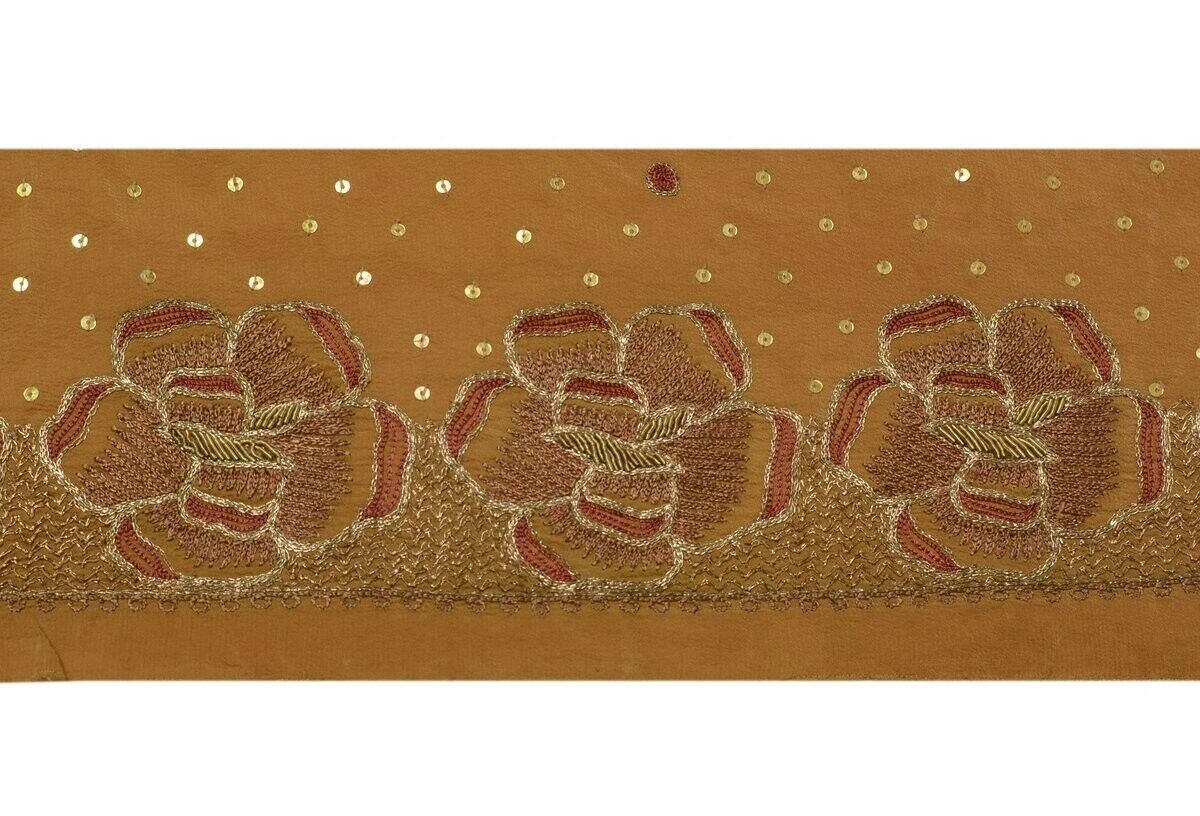 Vintage Saree Border Indian Craft Trim Hand Beaded Embroidered Ribbon Lace Brown
