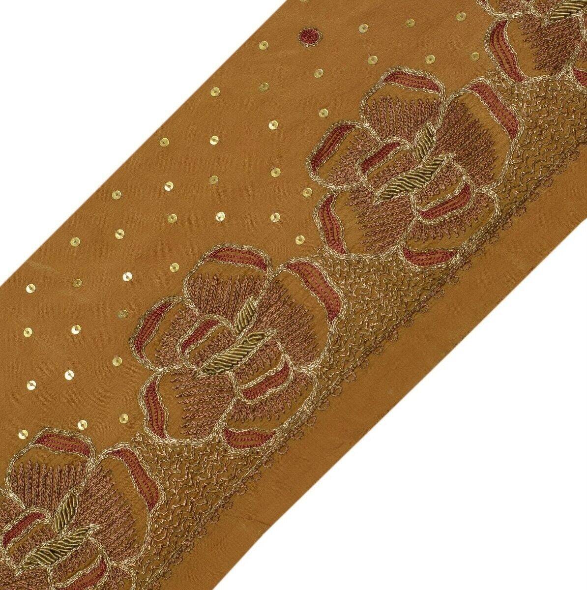 Vintage Saree Border Indian Craft Trim Hand Beaded Embroidered Ribbon Lace Brown
