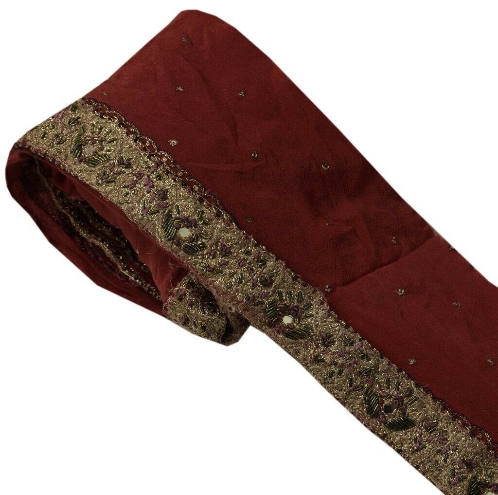 Vintage Sari Border Indian Craft Trim Hand Beaded Embroidered Ribbon Lace Maroon