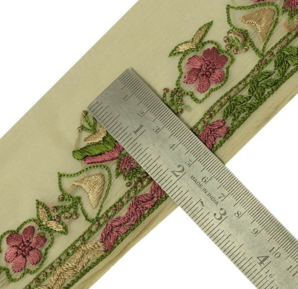 Vintage Sari Border Indian Craft Sewing Trim Hand Embroidered Ribbon Lace Cream