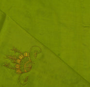 Vintage Saree Remnant Scrap Multi Purpose Craft Fabric Green Thread Embroidered
