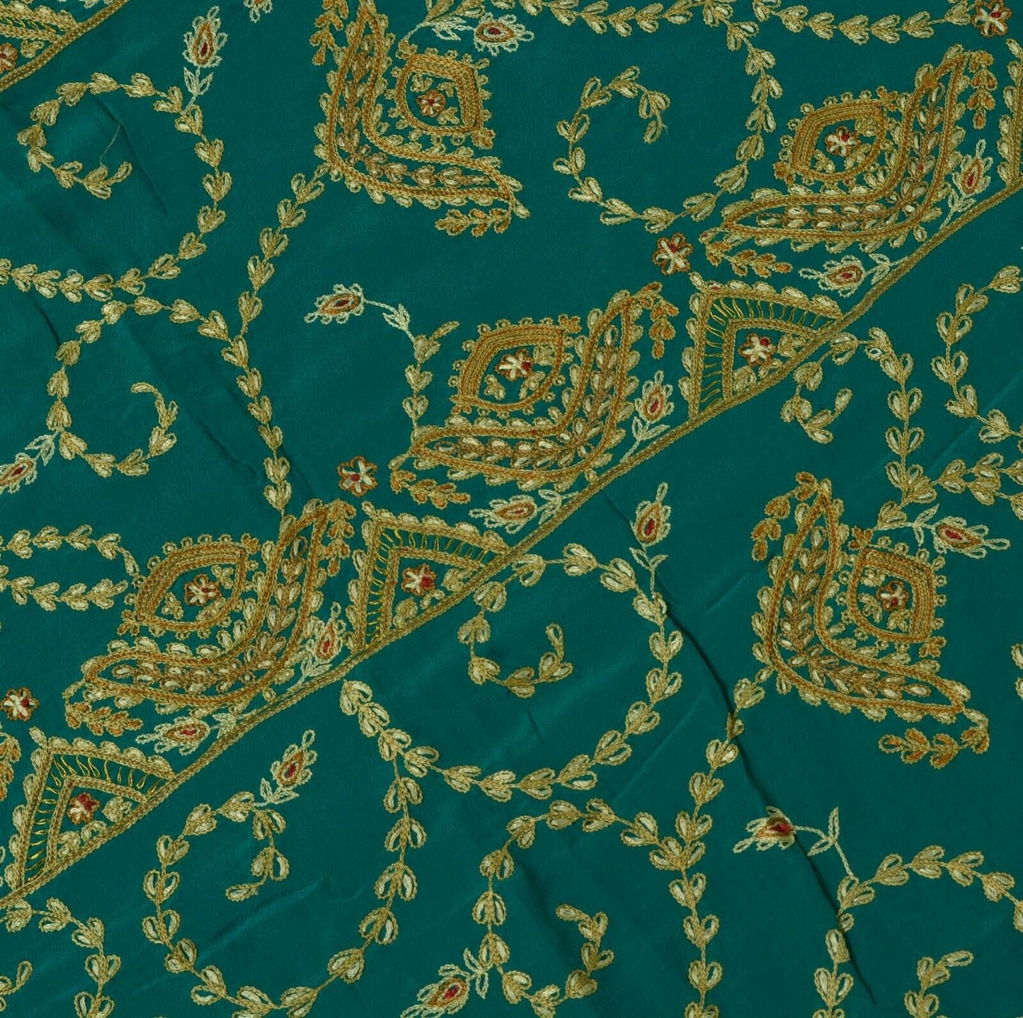 Vintage Saree Remnant Scrap Multi Purpose Craft Thread Embroidered Teal Fabric