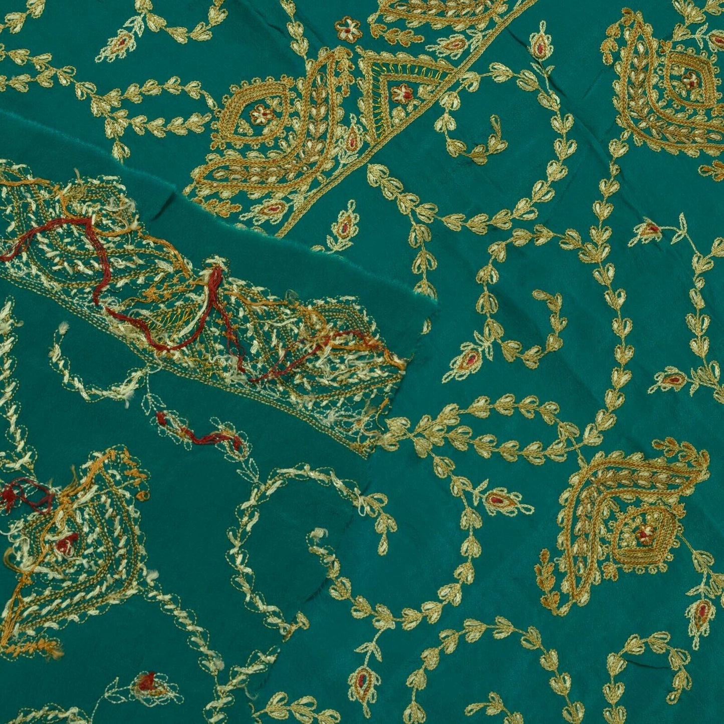 Vintage Saree Remnant Scrap Multi Purpose Craft Thread Embroidered Teal Fabric