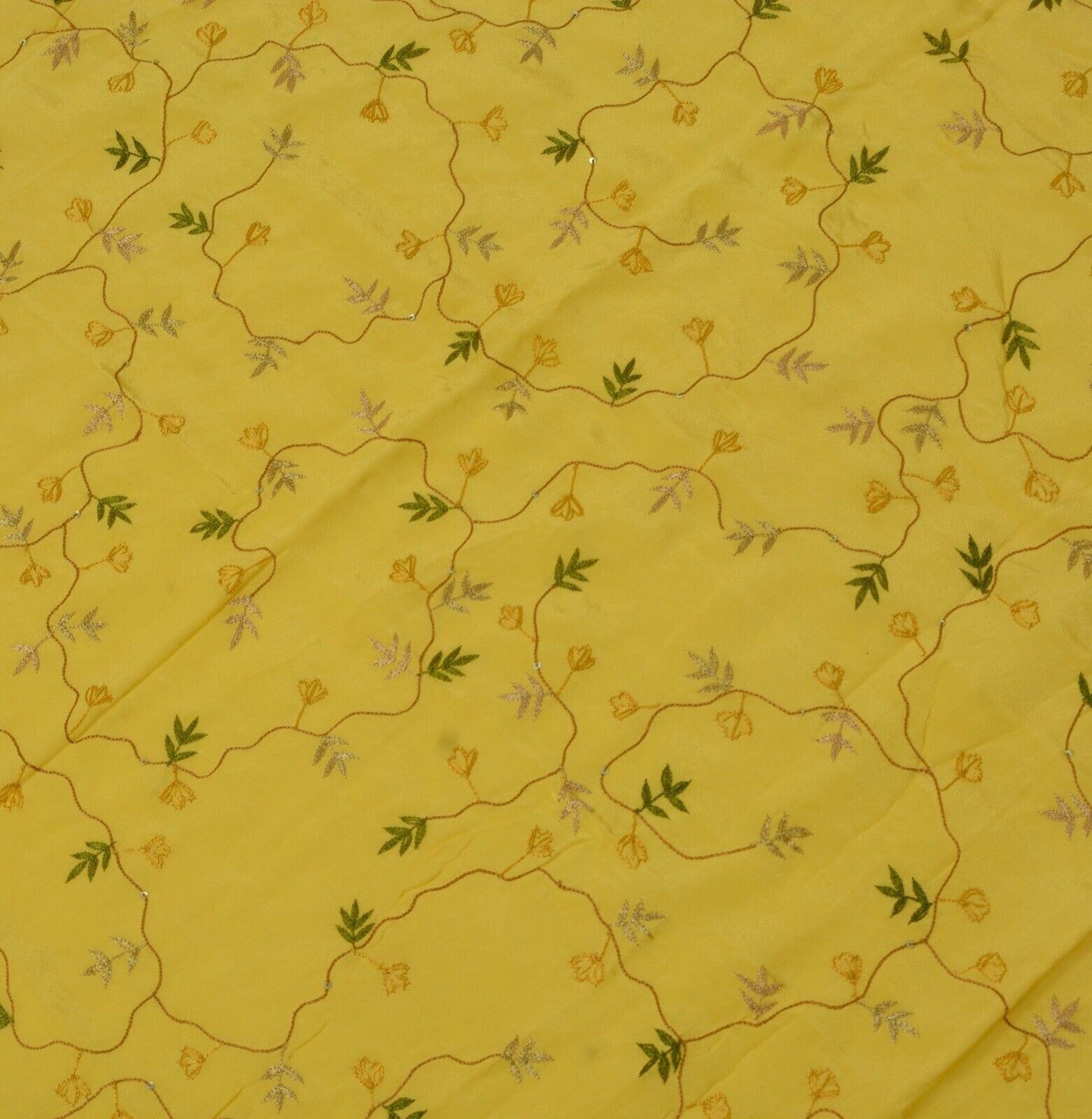 Vintage Saree Remnant Scrap Multi Purpose Craft Thread Embroidered Yellow Fabric