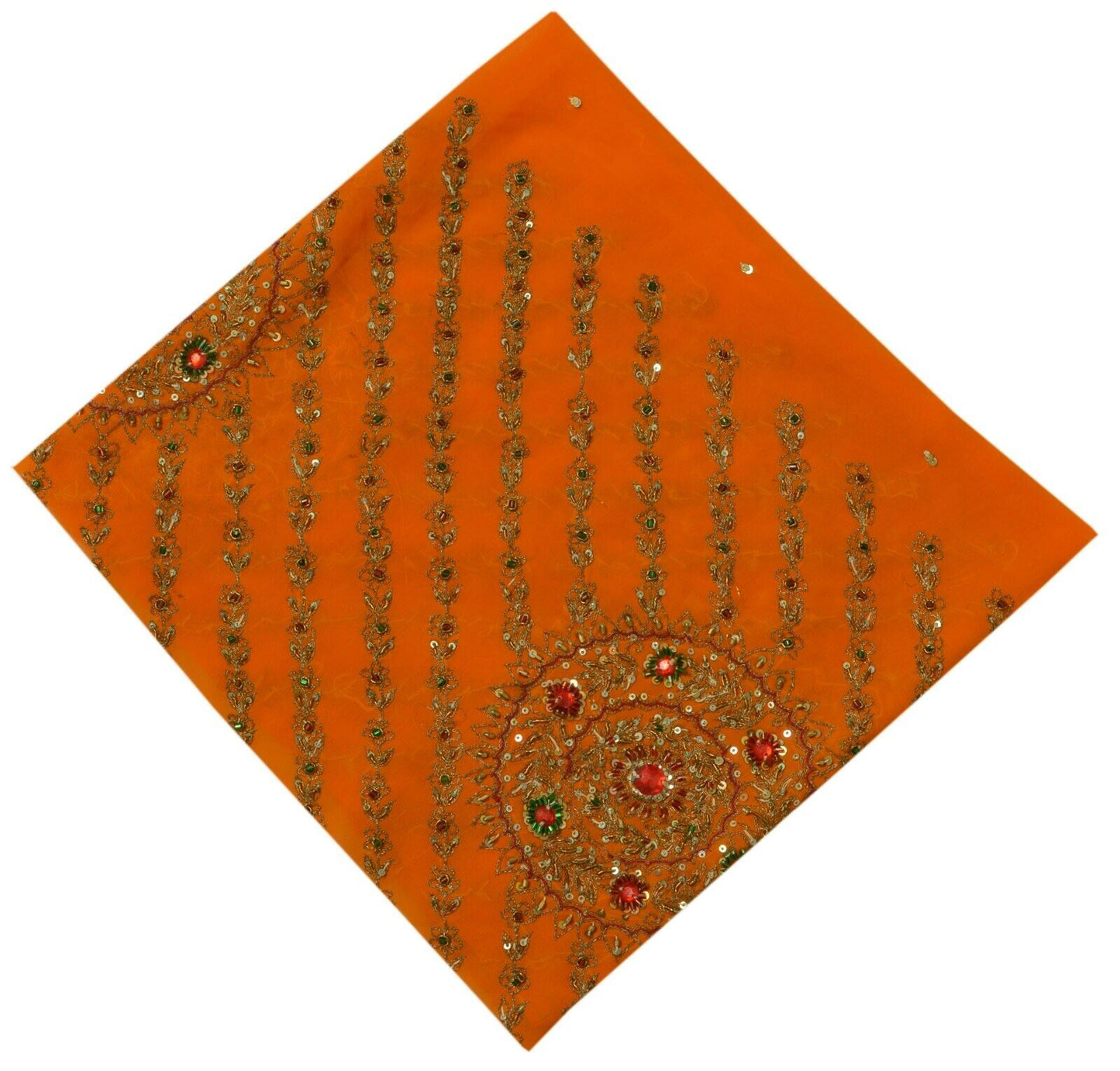 Vintage Saree Remnant Scrap Multi Purpose Craft Hand Beaded Orange Fabric