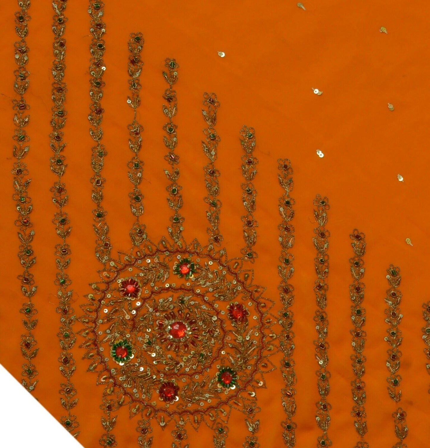 Vintage Saree Remnant Scrap Multi Purpose Craft Hand Beaded Orange Fabric
