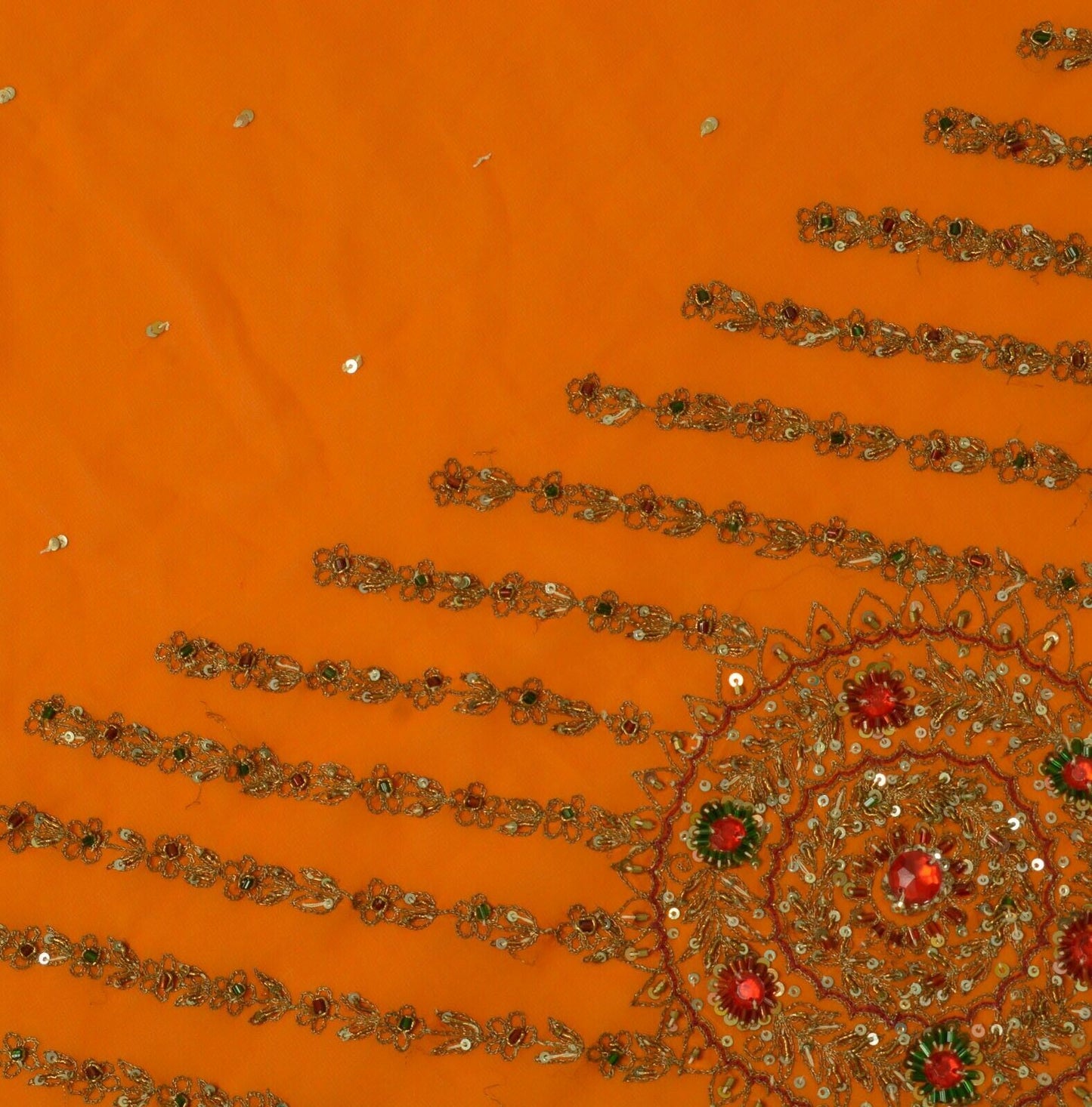 Vintage Saree Remnant Scrap Multi Purpose Craft Hand Beaded Orange Fabric