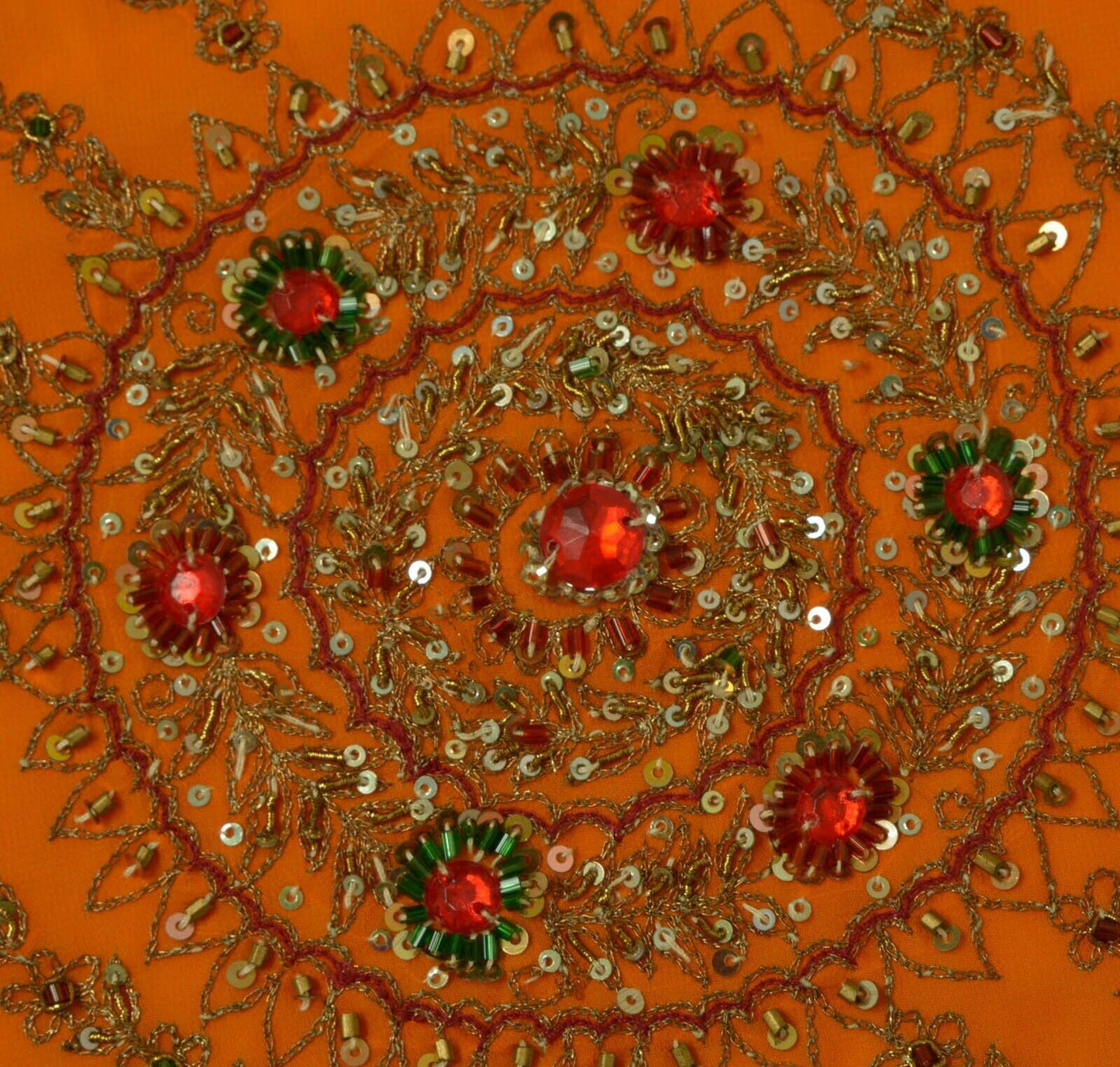 Vintage Saree Remnant Scrap Multi Purpose Craft Hand Beaded Orange Fabric