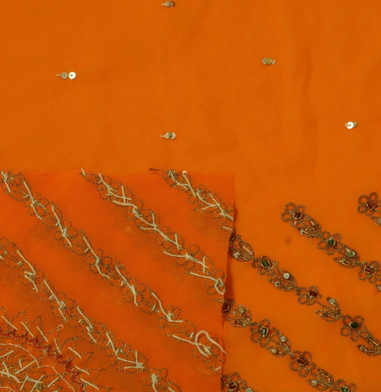 Vintage Saree Remnant Scrap Multi Purpose Craft Hand Beaded Orange Fabric