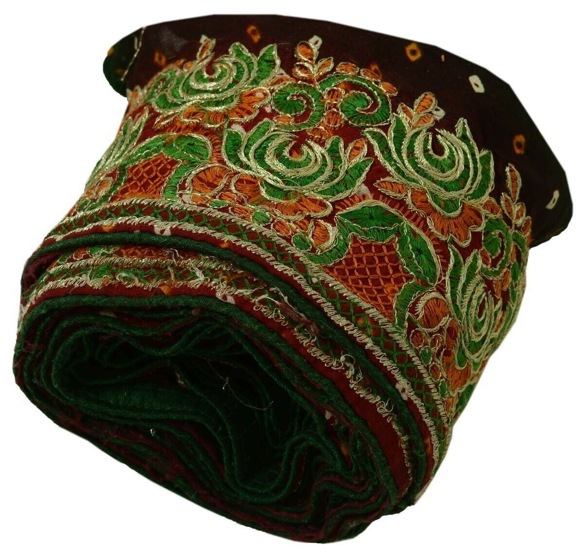 Antique Vintage Sari Border Indian Craft Trim Embroidered Green Rust Lace Ribbon
