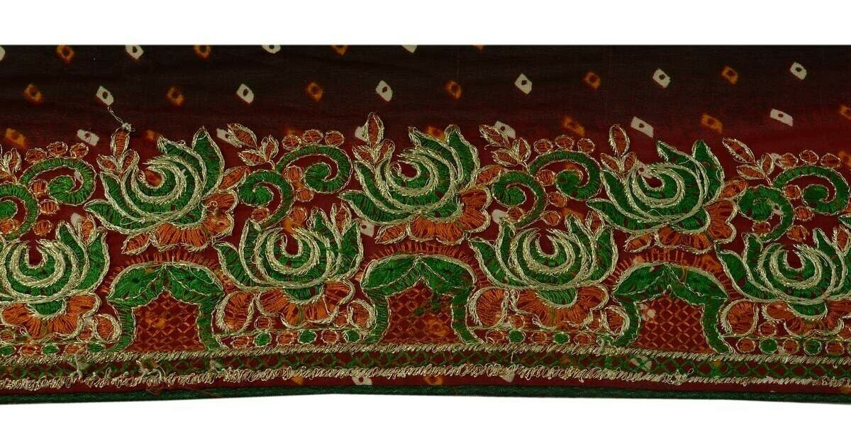 Antique Vintage Sari Border Indian Craft Trim Embroidered Green Rust Lace Ribbon