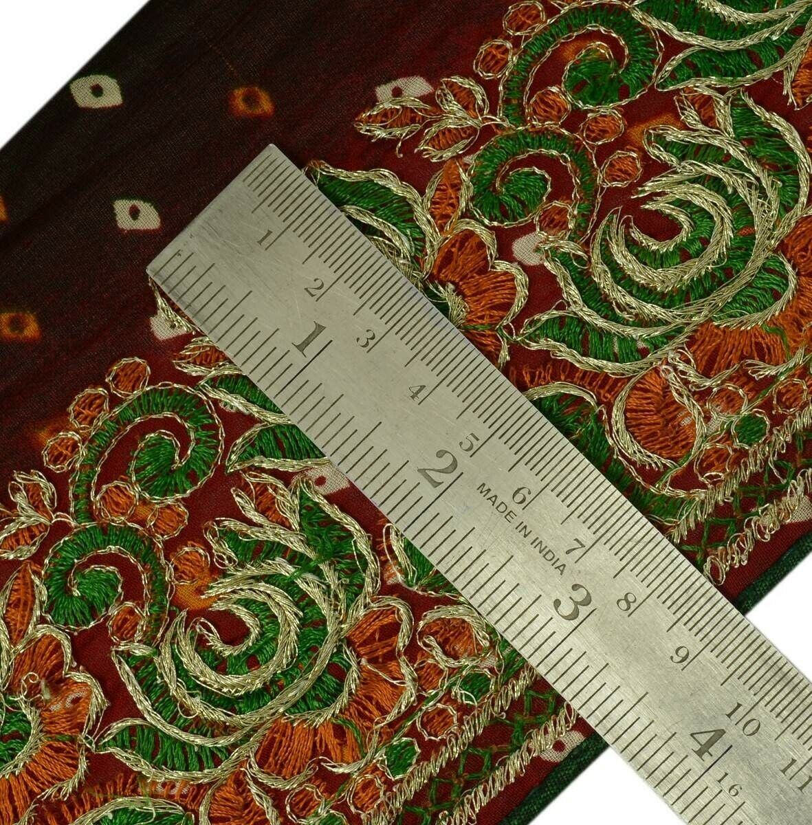 Antique Vintage Sari Border Indian Craft Trim Embroidered Green Rust Lace Ribbon