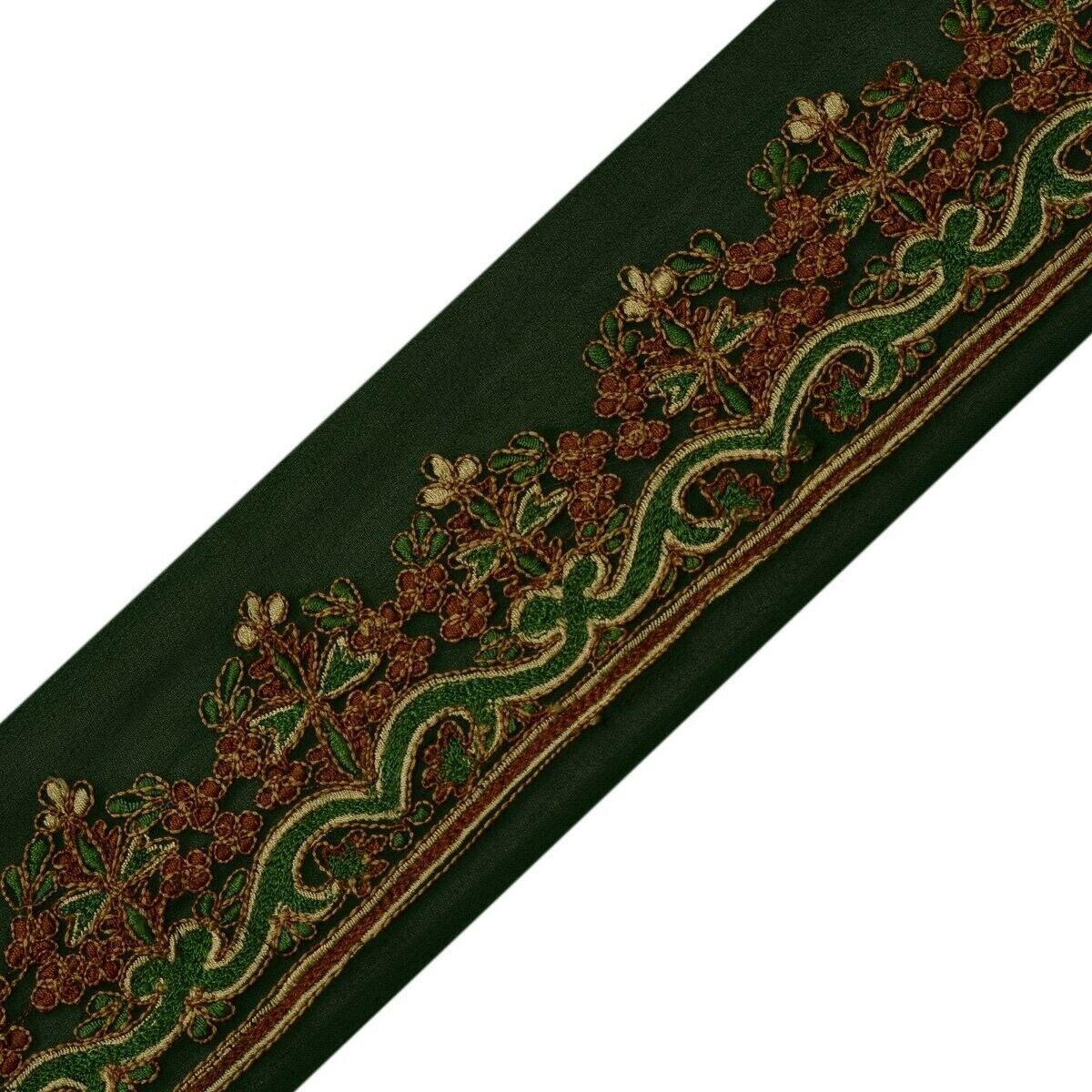 Vtg Sari Border Indian Craft Trim Floral Embroidered Green Sewing Ribbon Lace