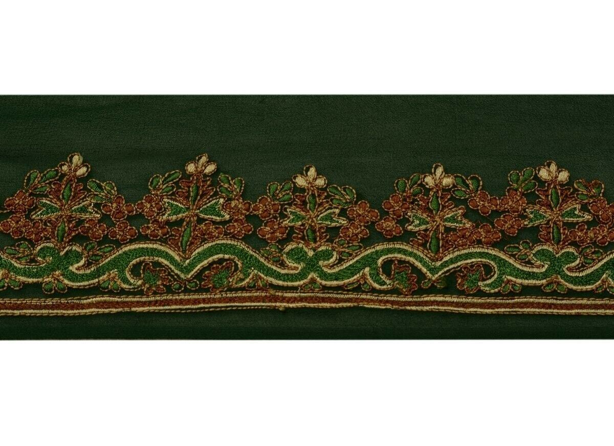 Vtg Sari Border Indian Craft Trim Floral Embroidered Green Sewing Ribbon Lace