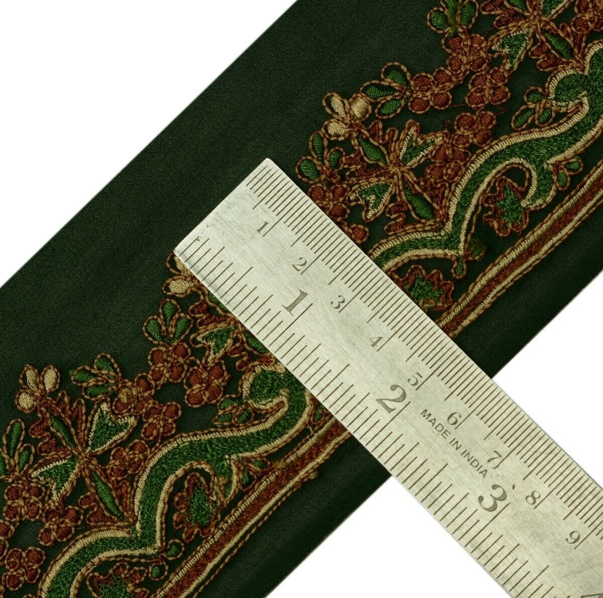 Vtg Sari Border Indian Craft Trim Floral Embroidered Green Sewing Ribbon Lace