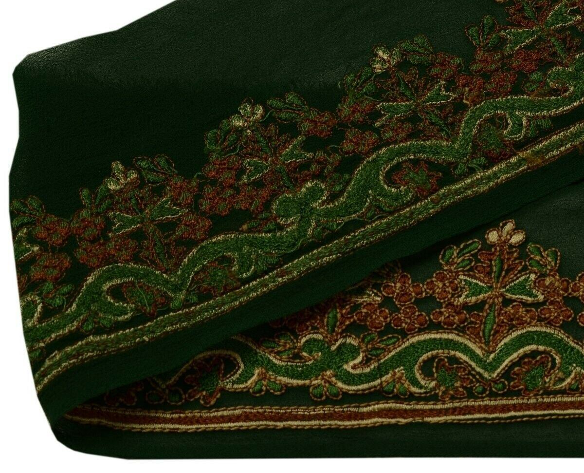 Vtg Sari Border Indian Craft Trim Floral Embroidered Green Sewing Ribbon Lace