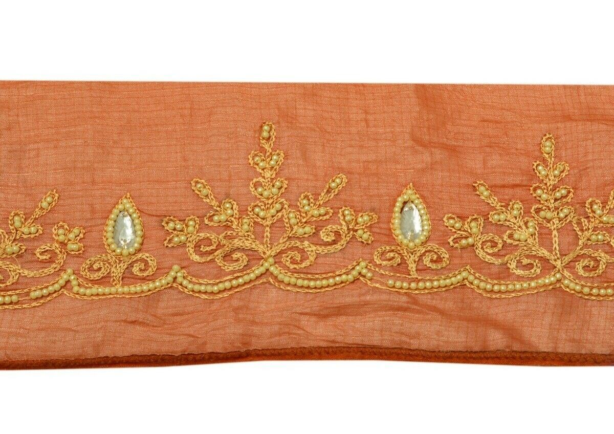 Vintage Saree Border Indian Craft Trim Hand Beaded Embroidered Ribbon Lace Peach