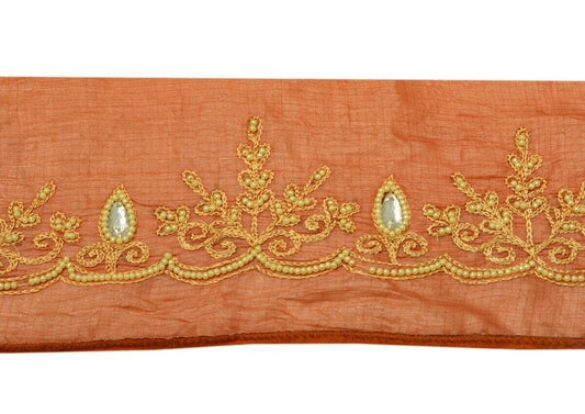 Vintage Saree Border Indian Craft Trim Hand Beaded Embroidered Ribbon Lace Peach
