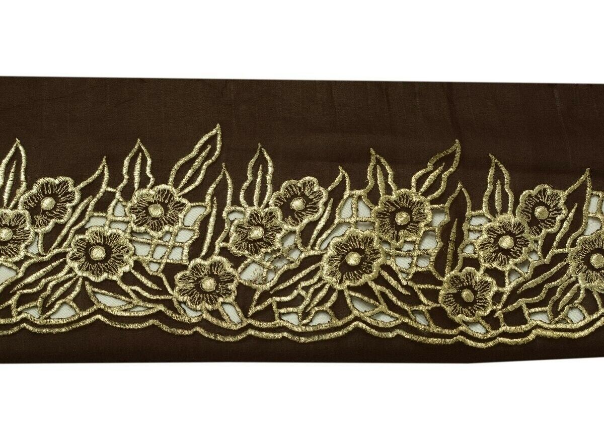 Vintage Saree Border Indian Craft Trim Embroidered Cut Work Dark Brown Lace