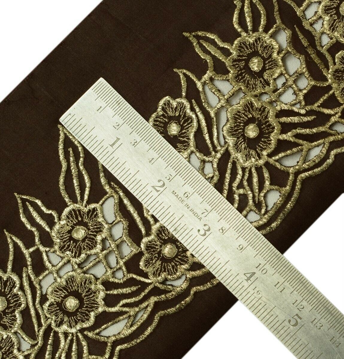 Vintage Saree Border Indian Craft Trim Embroidered Cut Work Dark Brown Lace
