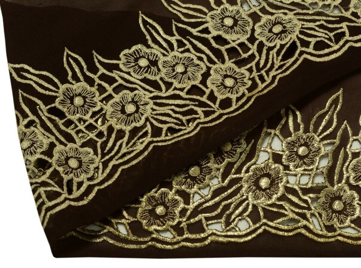 Vintage Saree Border Indian Craft Trim Embroidered Cut Work Dark Brown Lace