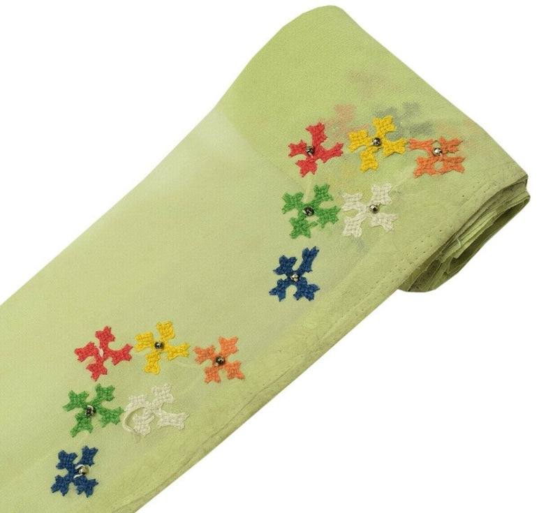 Vintage Sari Border Indian Craft Trim Hand Embroidered Green Sewing Ribbon Lace