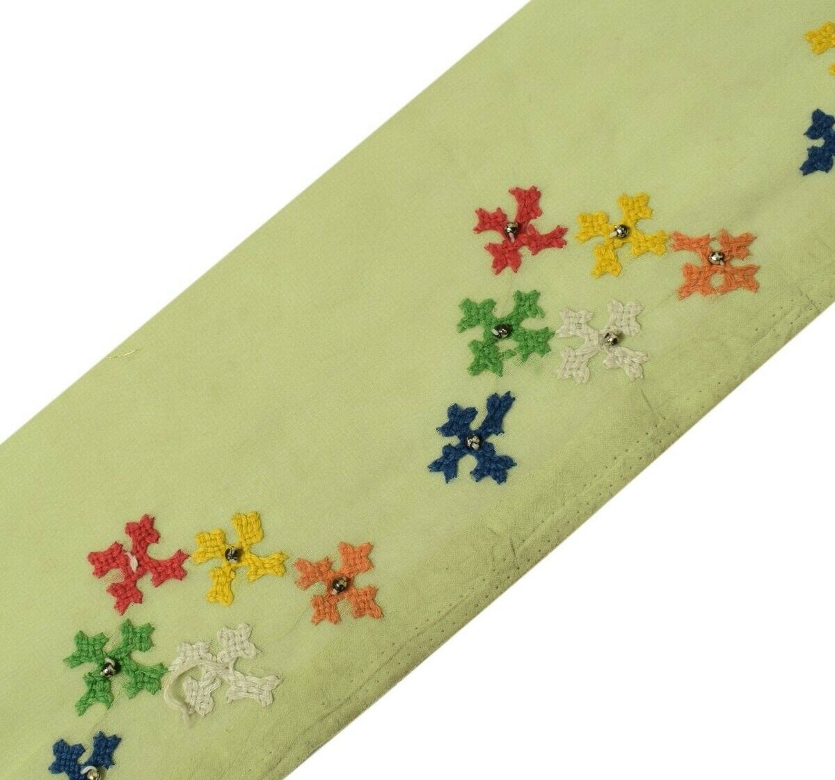 Vintage Sari Border Indian Craft Trim Hand Embroidered Green Sewing Ribbon Lace
