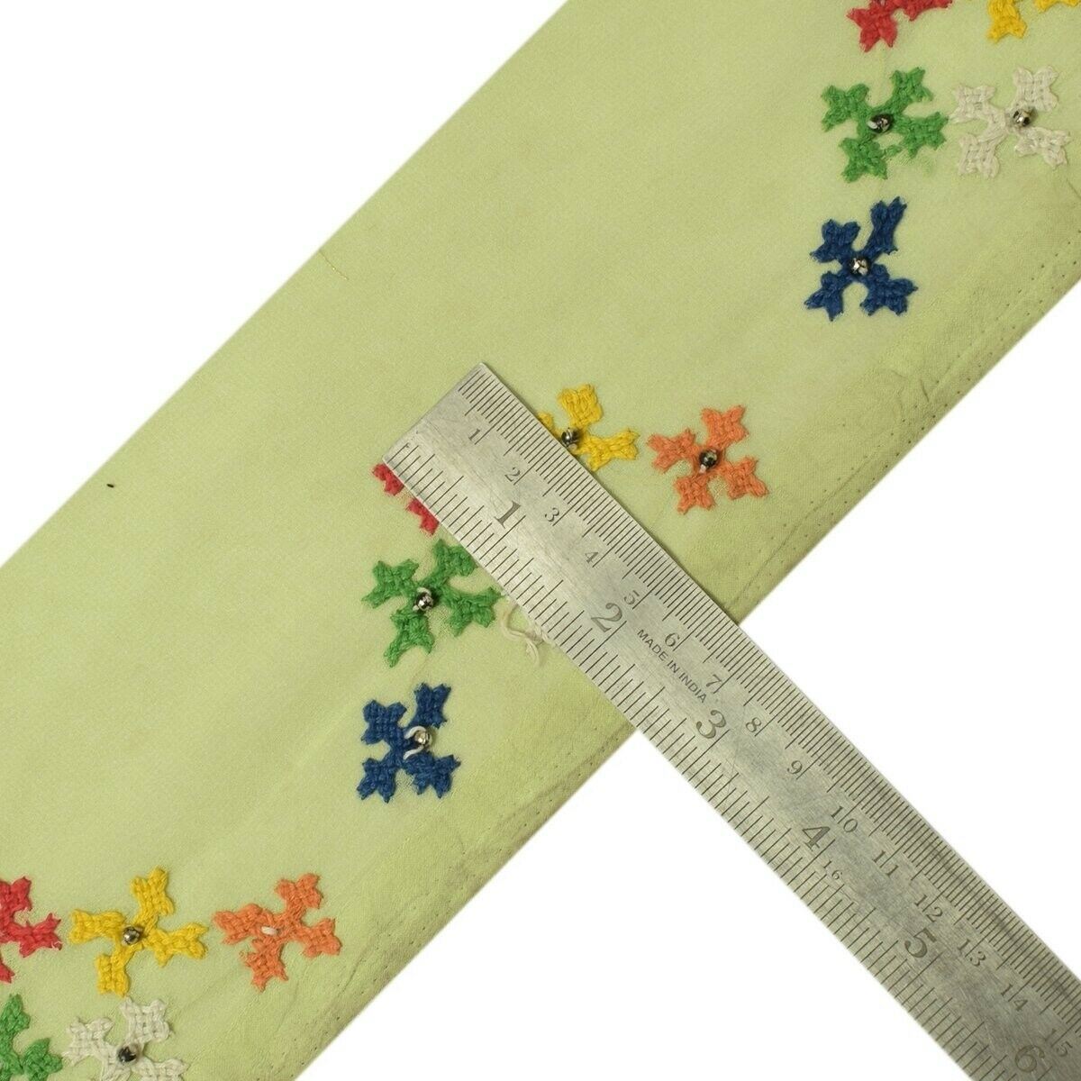 Vintage Sari Border Indian Craft Trim Hand Embroidered Green Sewing Ribbon Lace