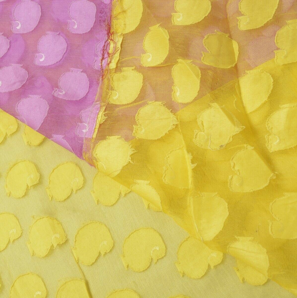 Woven Yellow Pink Vintage Sari Remnant Scrap Net Mesh Fabric for Sewing Craft
