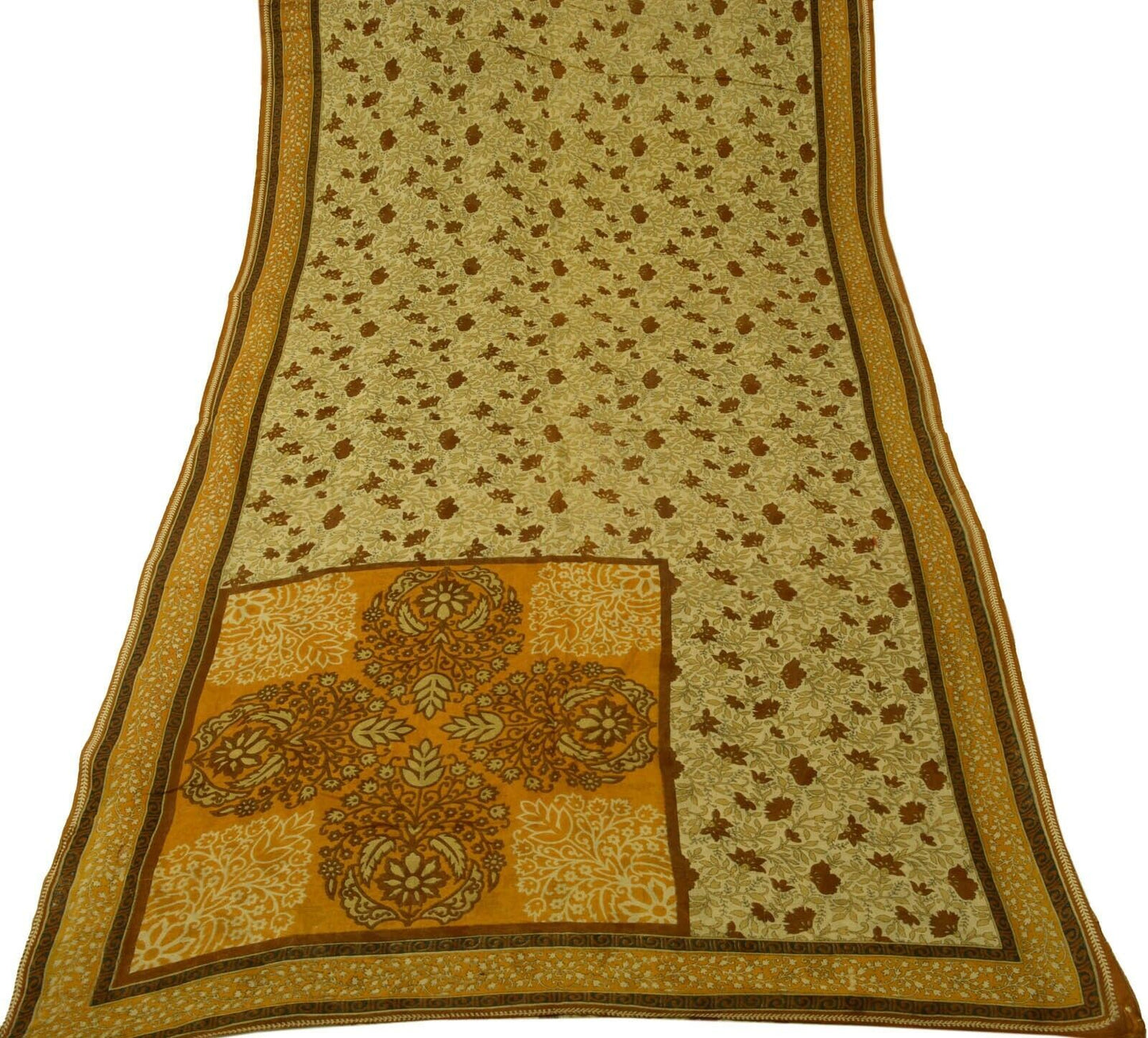 Vintage Saree 100% Pure Cotton Super Net Cream Printed Scrap Sari For Craft