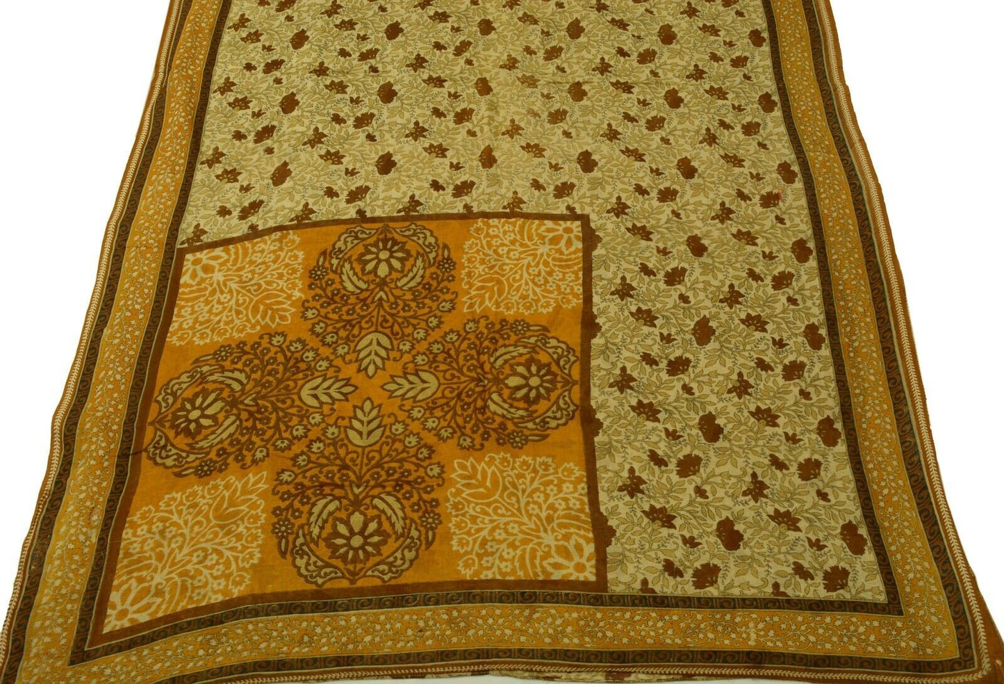 Vintage Saree 100% Pure Cotton Super Net Cream Printed Scrap Sari For Craft
