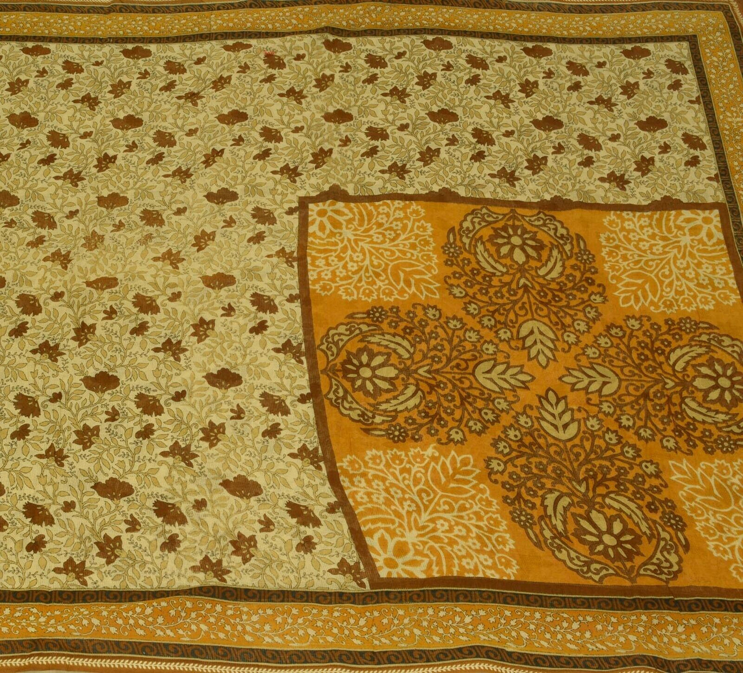 Vintage Saree 100% Pure Cotton Super Net Cream Printed Scrap Sari For Craft