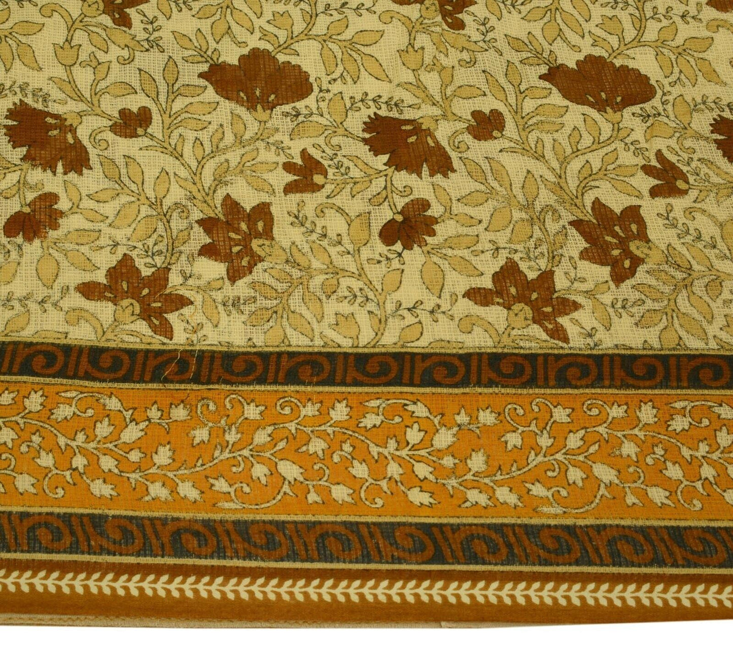 Vintage Saree 100% Pure Cotton Super Net Cream Printed Scrap Sari For Craft