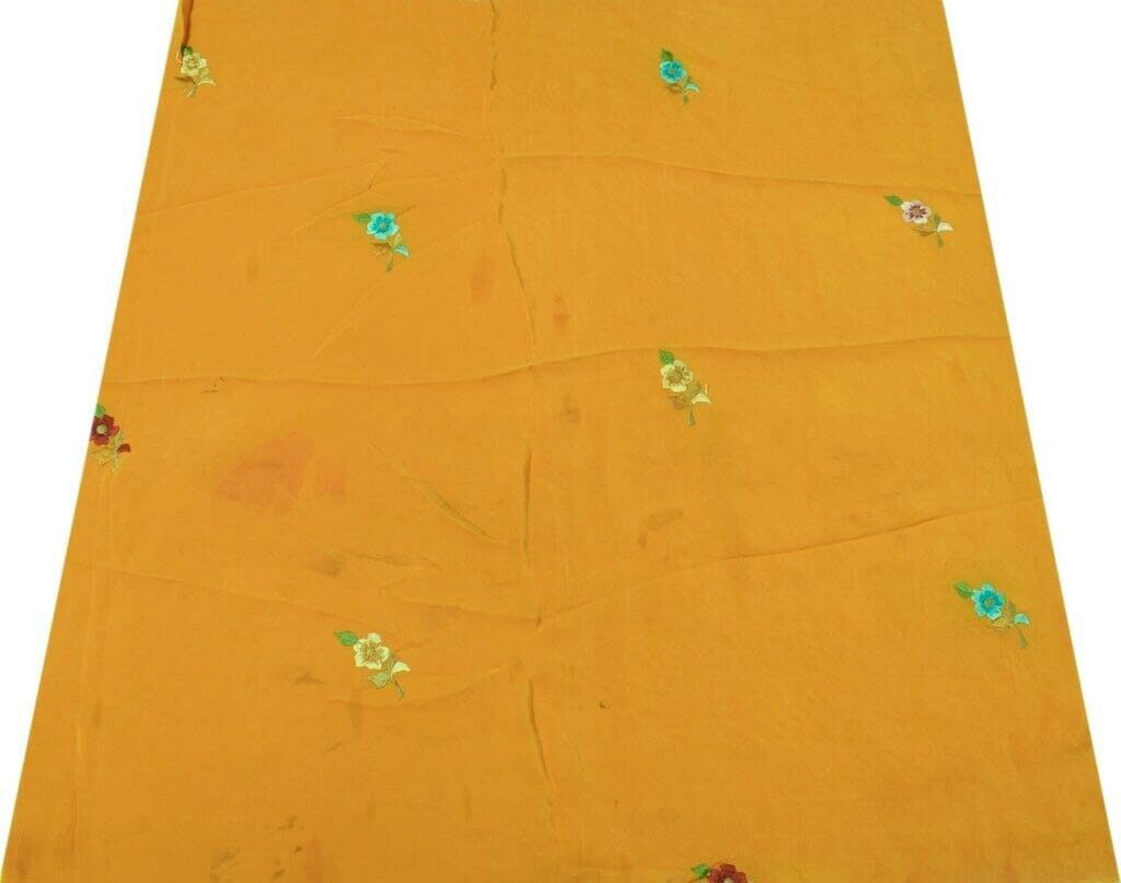 Vintage Saree Remnant Scrap Multi Purpose Craft Fabric Embroidered Mustard