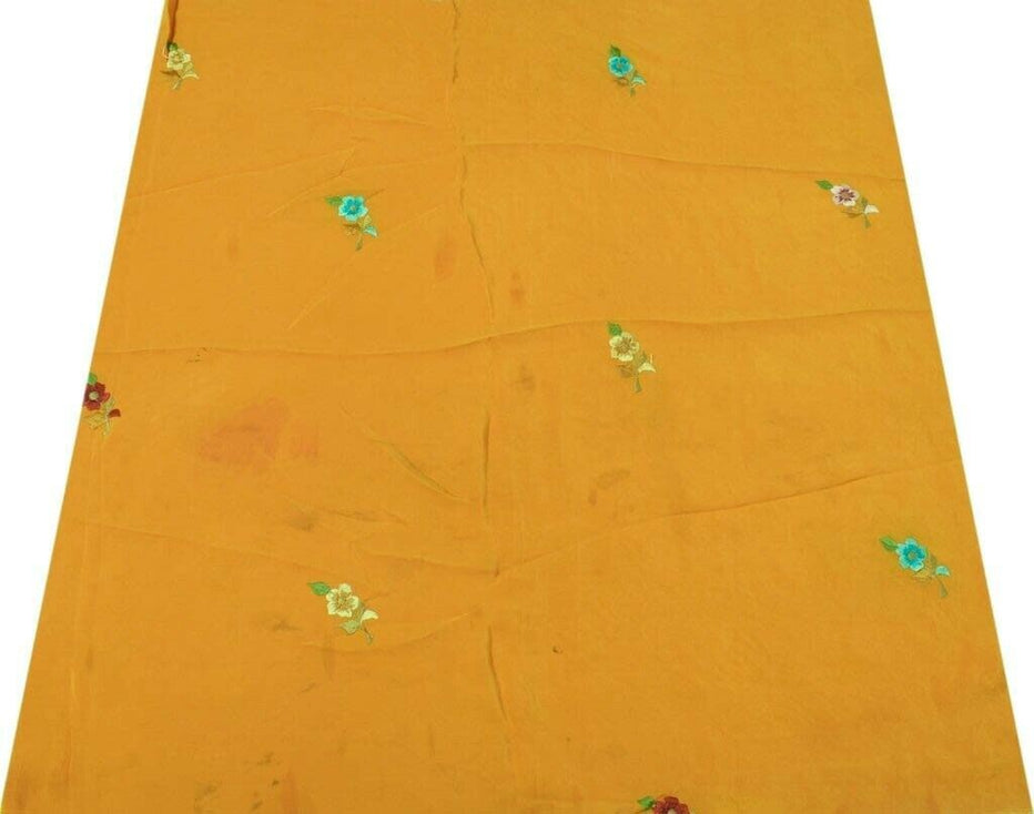 Vintage Saree Remnant Scrap Multi Purpose Craft Fabric Embroidered Mustard