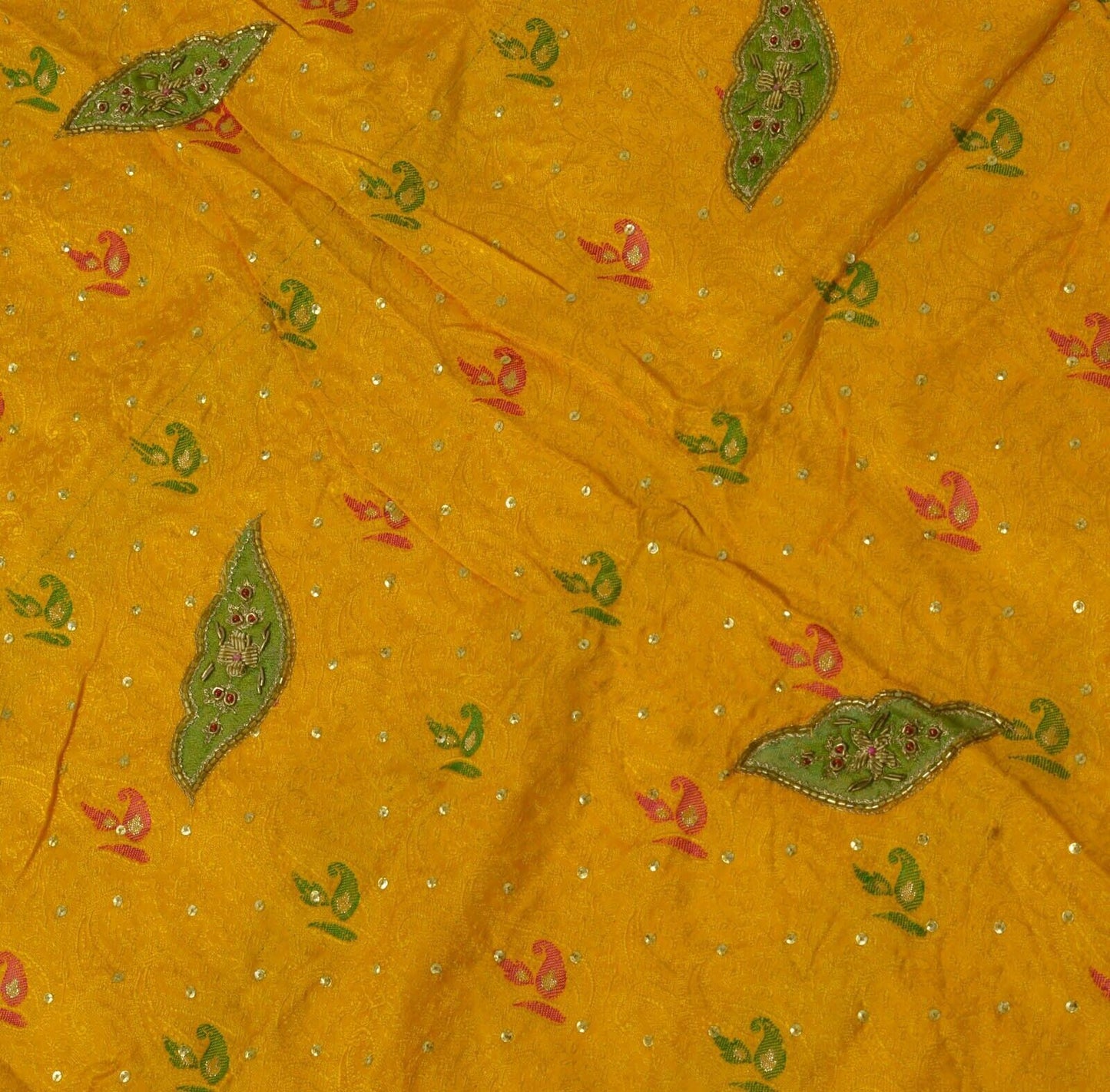 Vintage Saree Remnant Scrap Multi Purpose Fabric Mustard Hand Beaded Self Woven