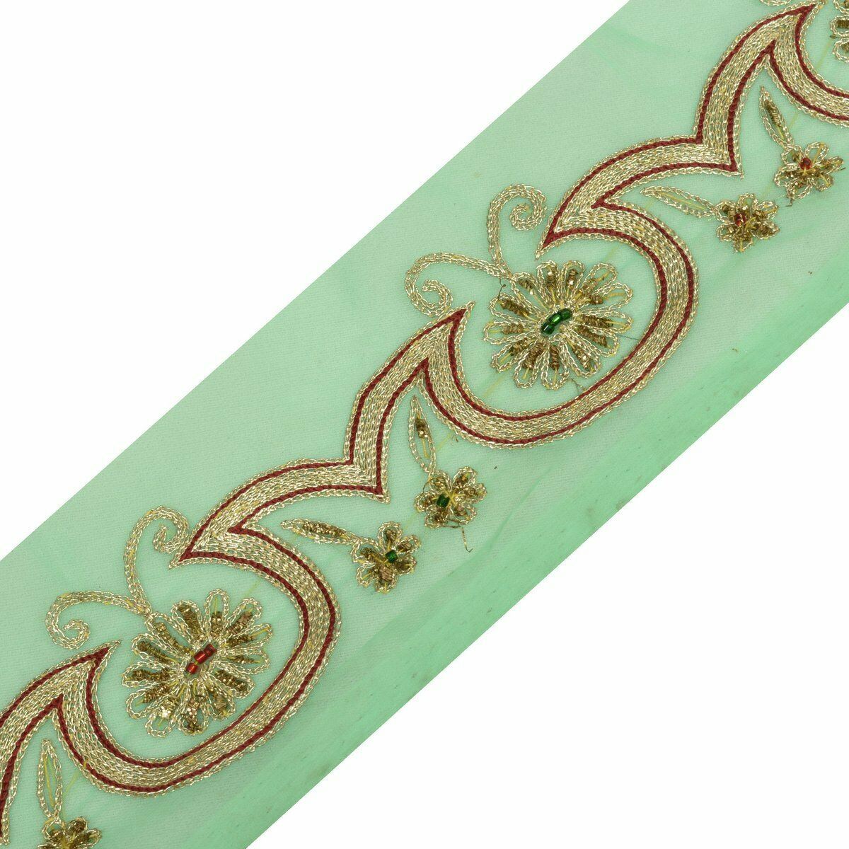 Vintage Saree Border Craft Trim Antique Lace Hand Beaded Embroidered Green