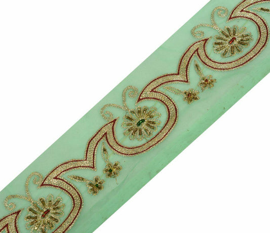 Vintage Saree Border Craft Trim Antique Lace Hand Beaded Embroidered Green
