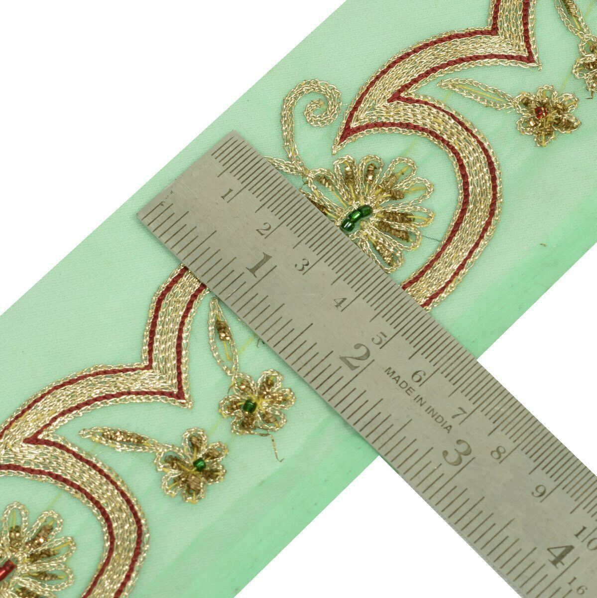 Vintage Saree Border Craft Trim Antique Lace Hand Beaded Embroidered Green