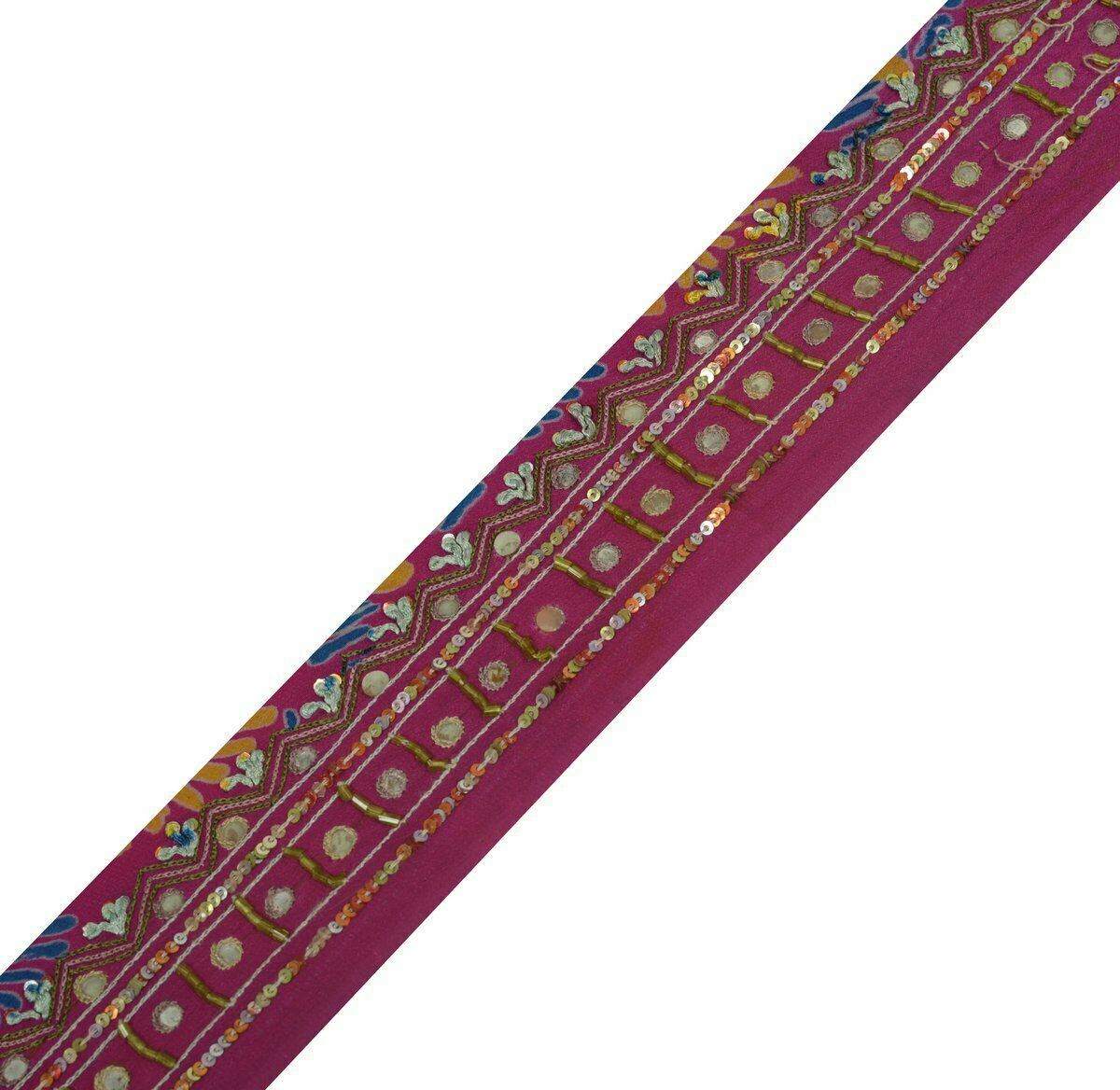Vintage Saree Border Craft Trim Antique Lace Hand Embroidered Beaded Magenta