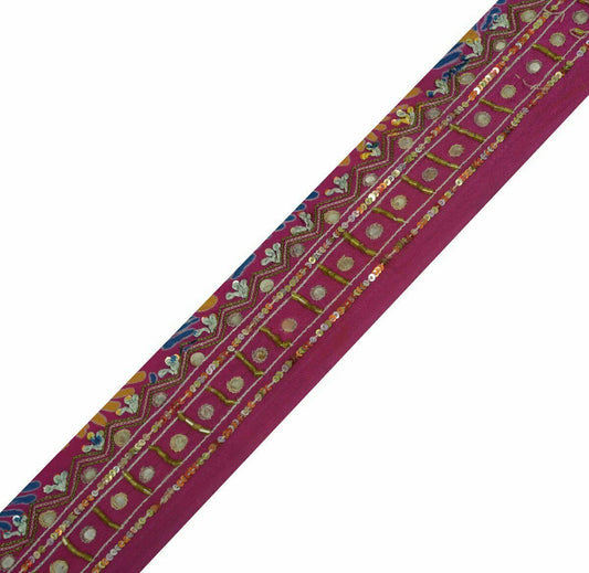 Vintage Saree Border Craft Trim Antique Lace Hand Embroidered Beaded Magenta