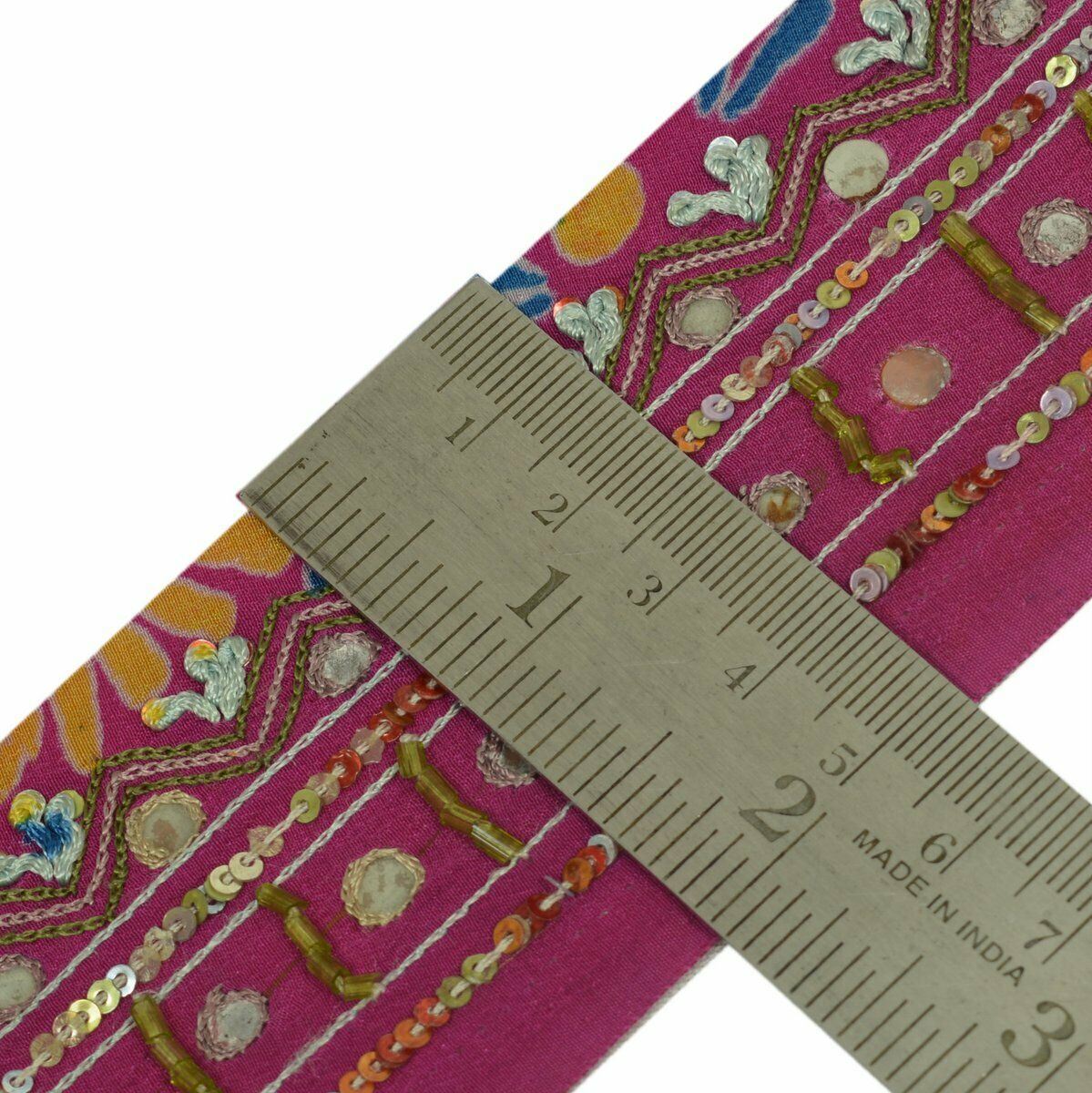 Vintage Saree Border Craft Trim Antique Lace Hand Embroidered Beaded Magenta