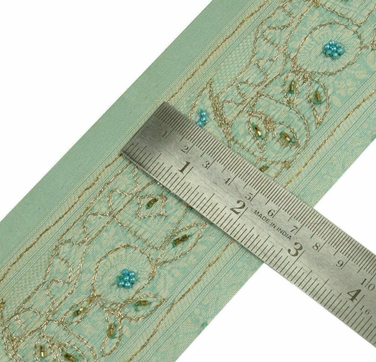 Vintage Saree Border Craft Trim Antique Lace Woven Embroidered Beaded Green